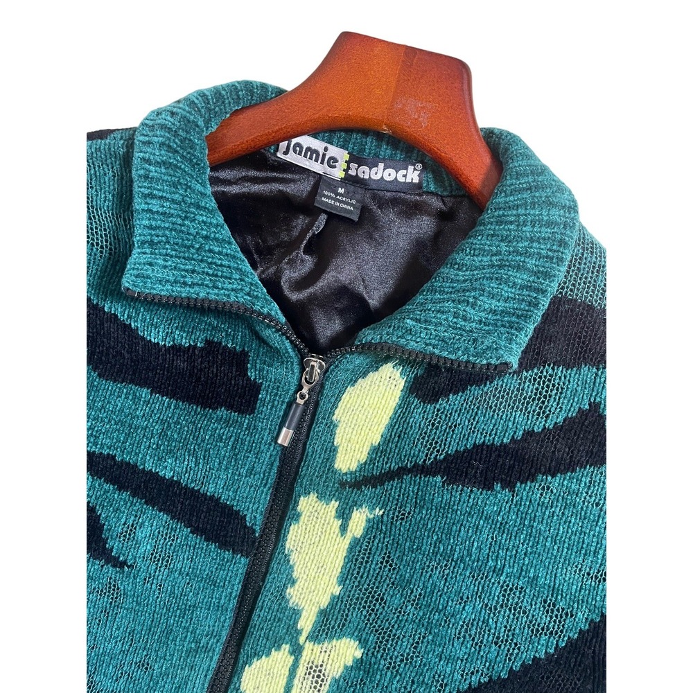 Jamie Sadock ‎ Women  Chenille Cardigan Sweater Size M Black Green And Neon